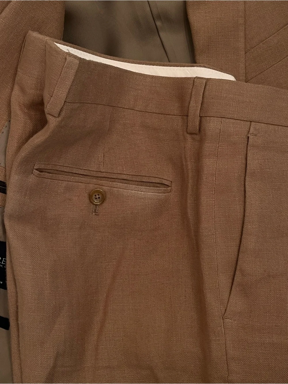 J CREW Ludlow Irish Linen Camel Tan Suit 38R Pants 33 x 27.5 with a 2-Inch Hem